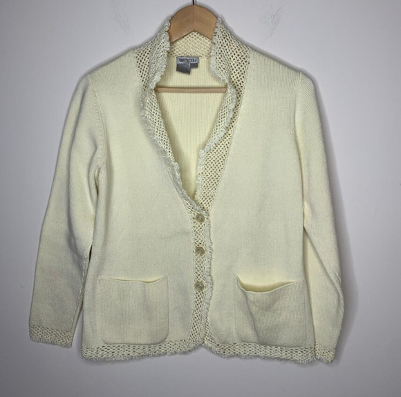 Worth Sweaters - Worth Womens Size P Cardigan Sweater Ivory Pockets Grandmacore Crochet